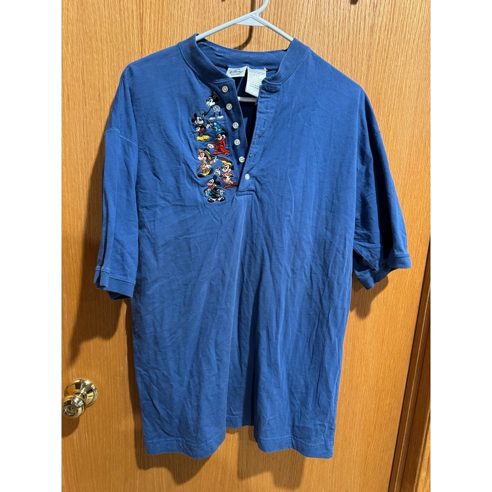 Disney Men's Short Sleeve Blue Henley Tee with Disney Character Embroidery